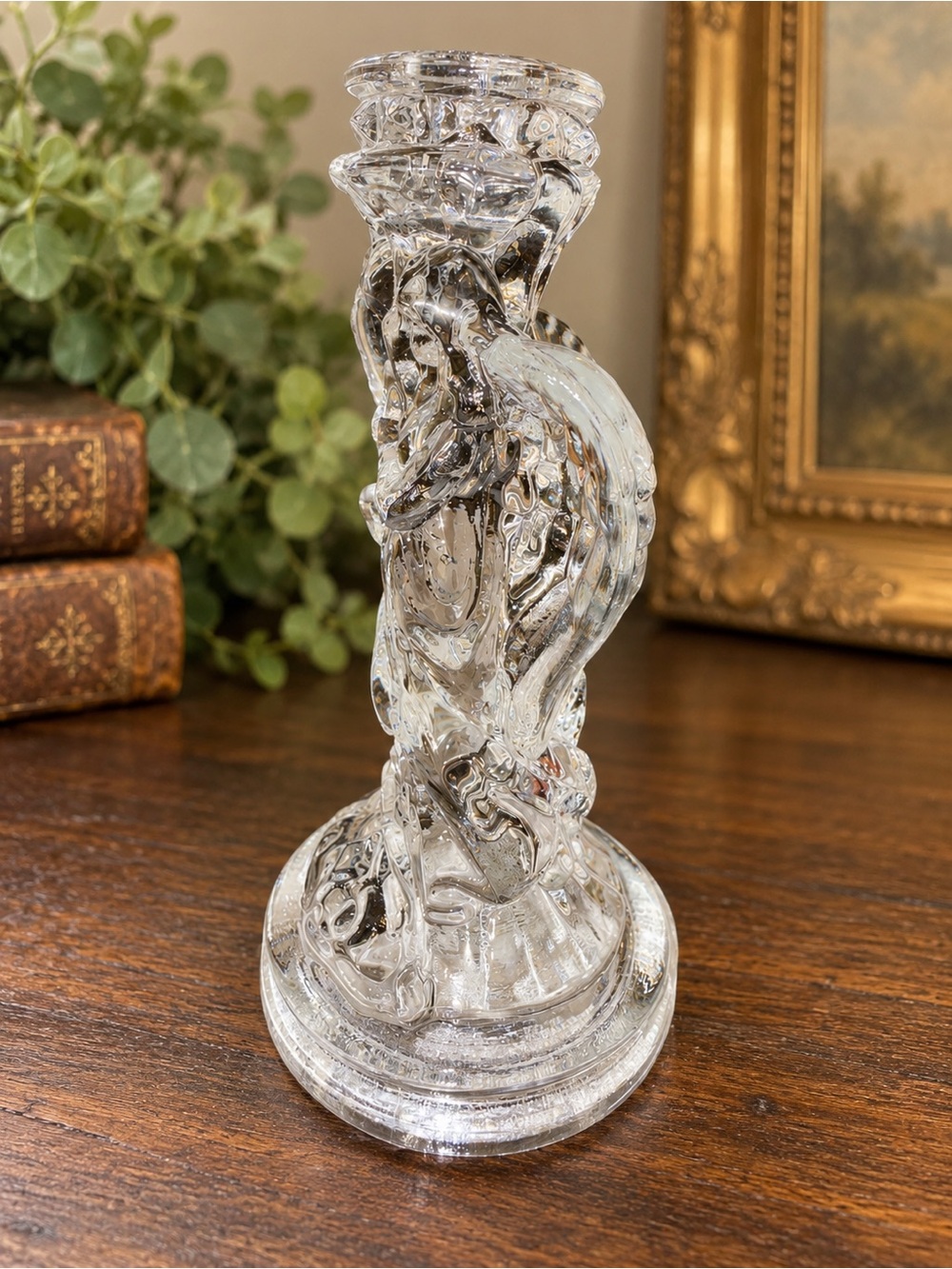 Vintage Clear Glass Angel Candle Holder 6.5” Cherub Candlestick Christmas